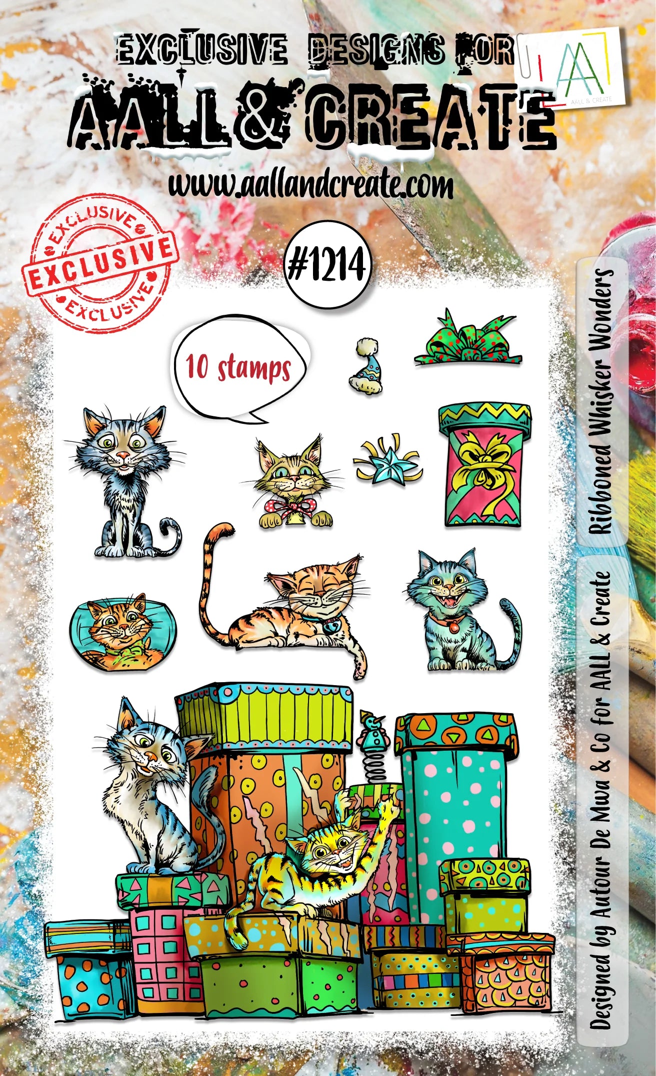 A colorful backdrop featuring a set of 10 photopolymer clear stamps with a Christmas theme, including images of cats and decorative elements, labeled as 'EXCLUSIVE DESIGN #1214' for AALL & CREATE.