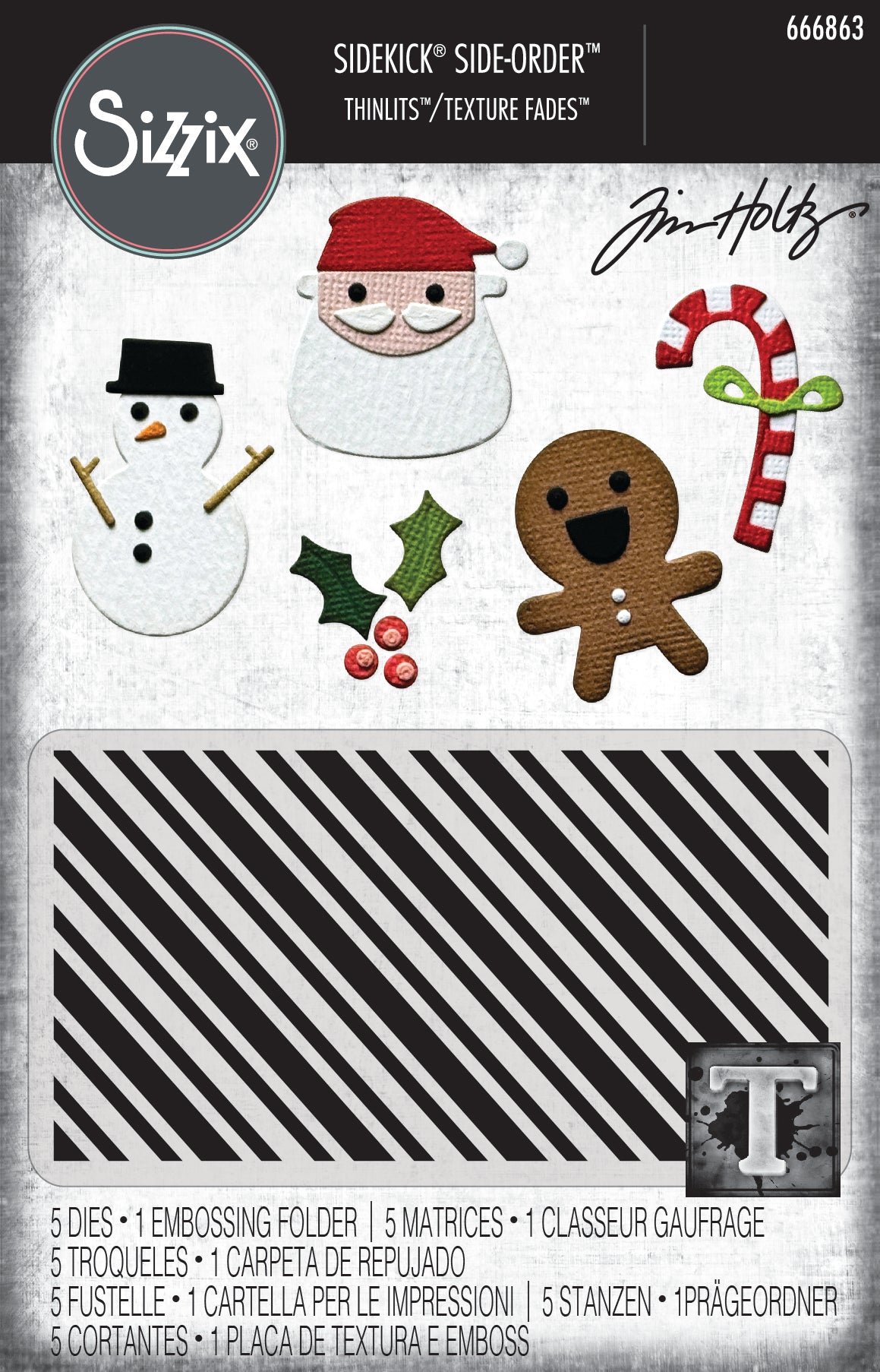 Sizzix 2-D Texture Fades Embossing Folder w/5PK Thinlits Set - Vault Side-Order Christmas Minis by Tim Holtz - 666863