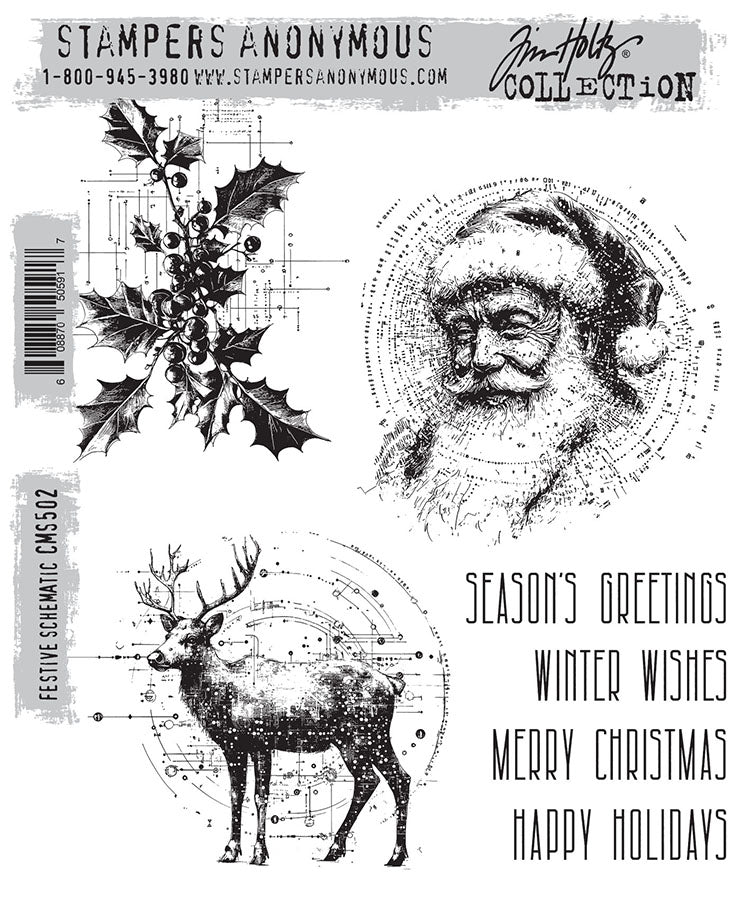Stampers Anonymous - Tim Holtz Festive Schematic Cling Stamps - CMS502