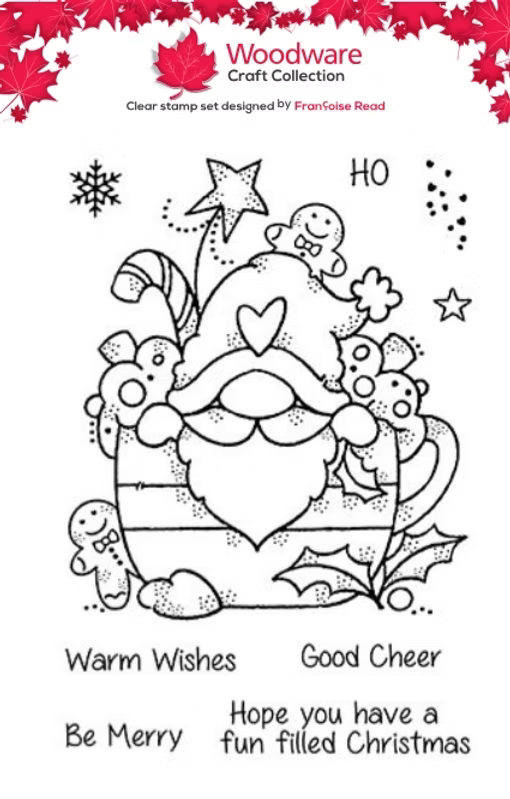 Woodware Gnome Christmas Cup A6 Clear Stamp Set by Françoise Read