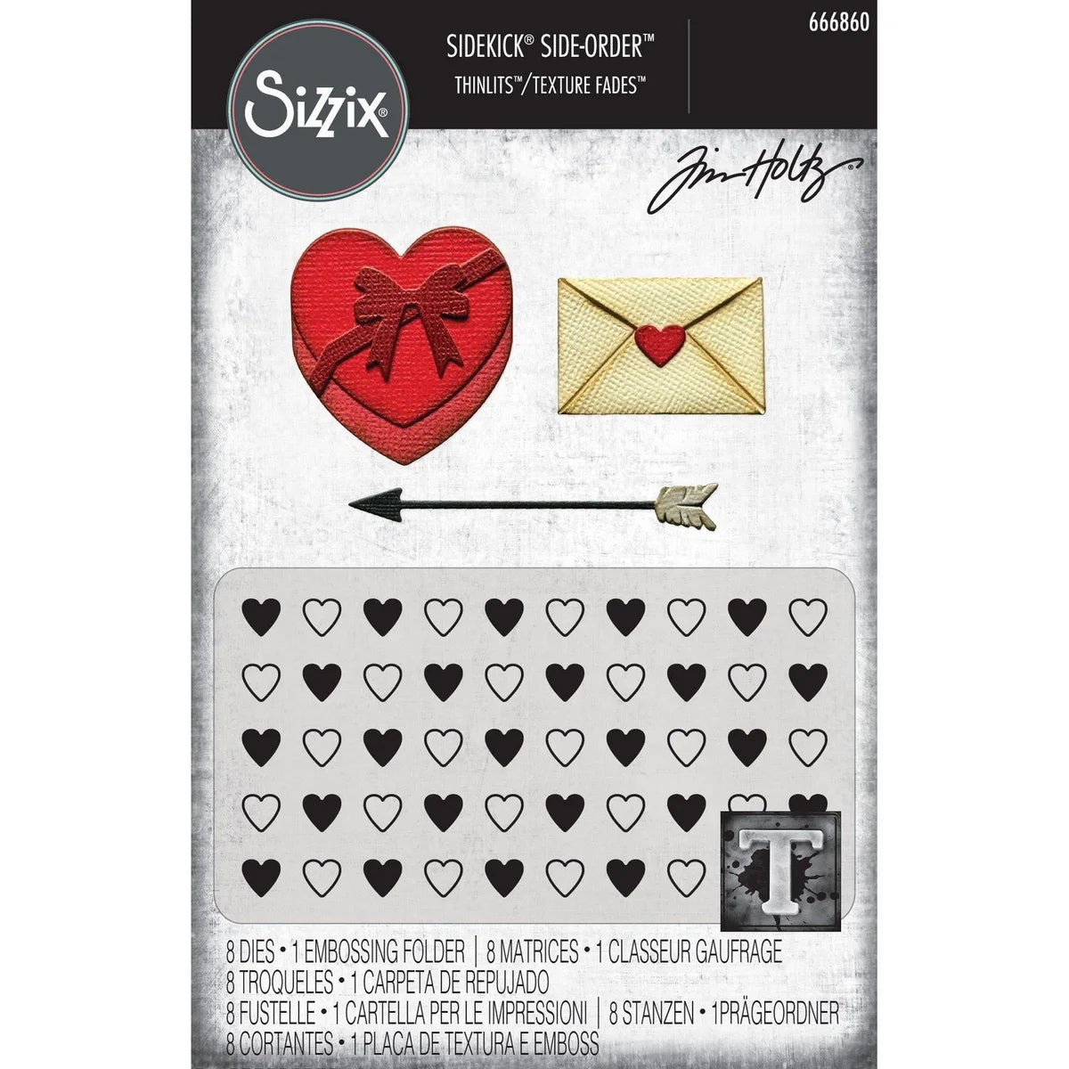 Sizzix 2-D Texture Fades Embossing Folder w/8PK Thinlits Set - Vault Side-Order Love Notes by Tim Holtz - 666860