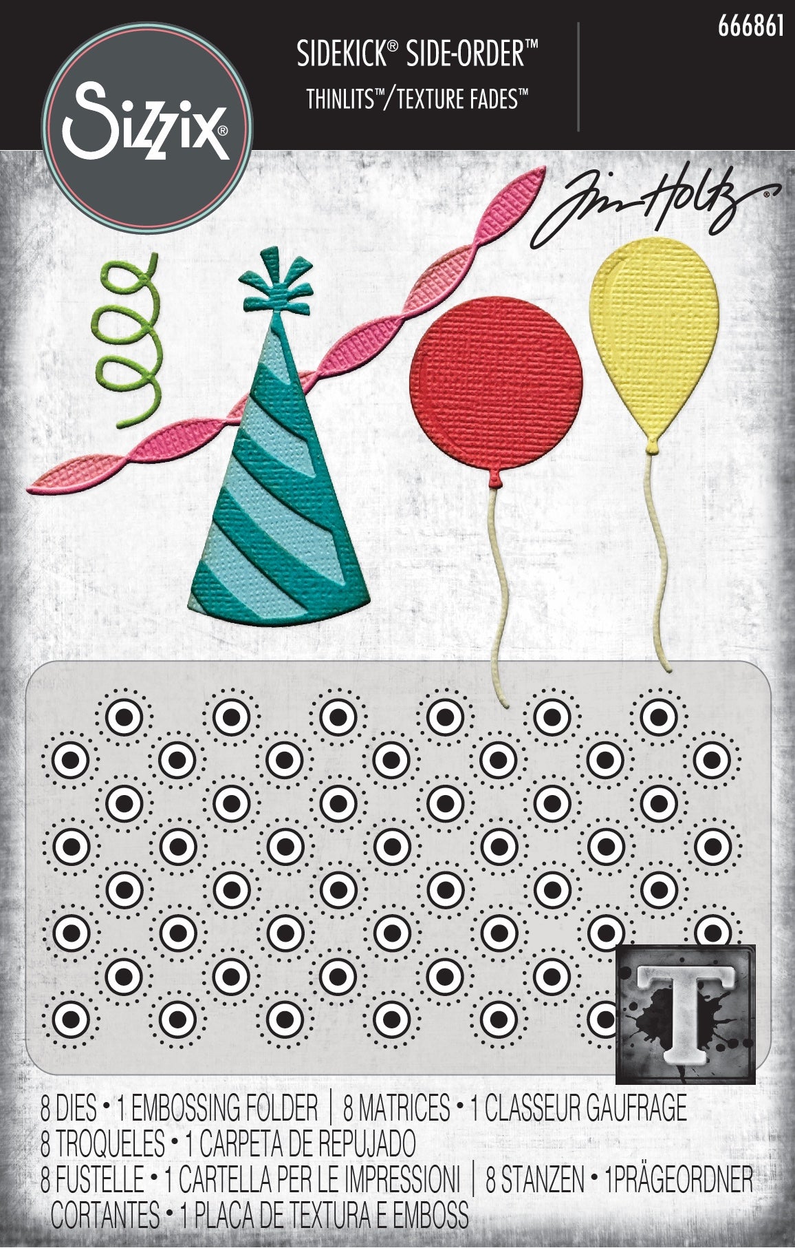 Sizzix 2-D Texture Fades Embossing Folder w/8PK Thinlits Set - Vault Side-Order Celebrate by Tim Holtz - 666861