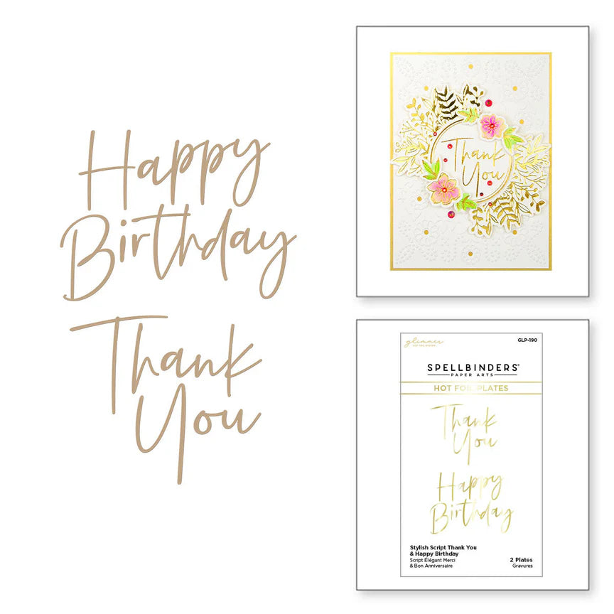 Thank You & Happy Birthday Glimmer Hot Foil Plate Set from the Stylish Script Collection - GLP-190