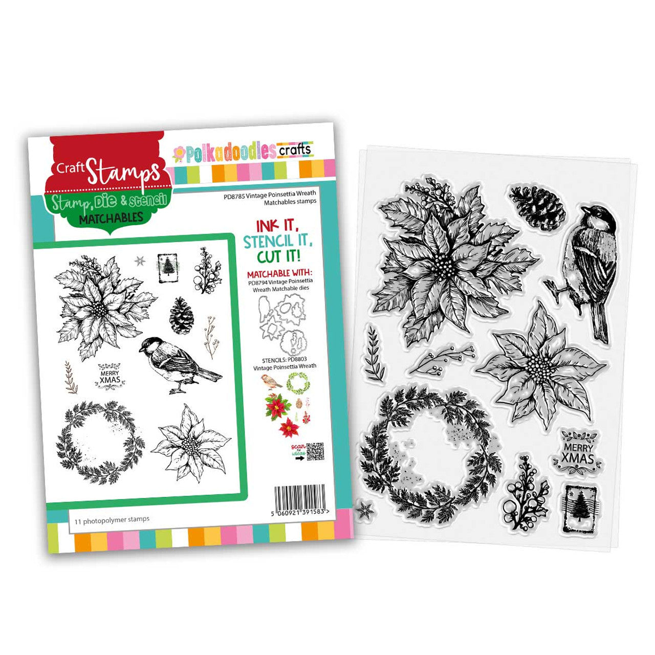 Vintage Poinsettia Wreath craft clear stamps - PD8785