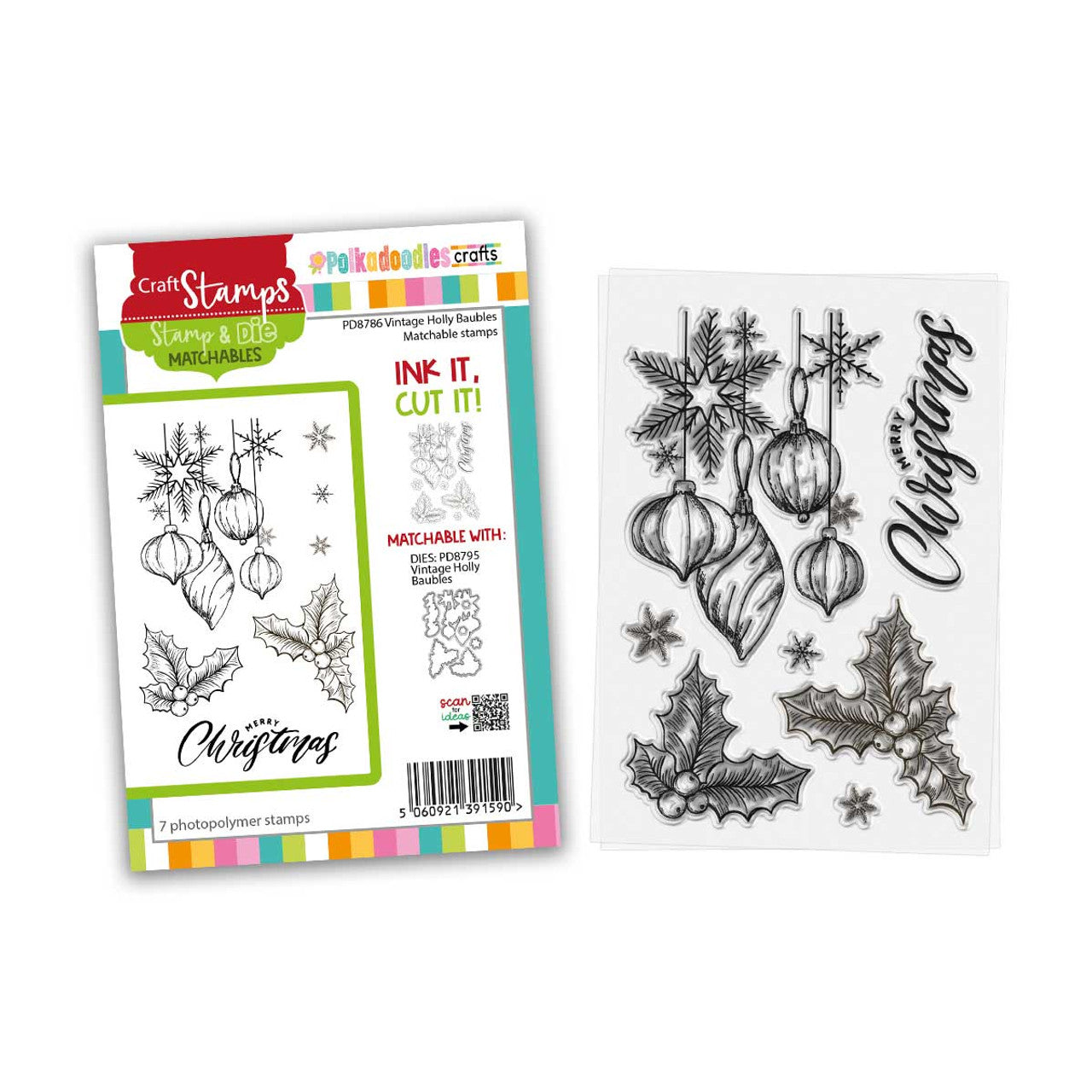 Vintage Holly Baubles craft clear stamps - PD8786