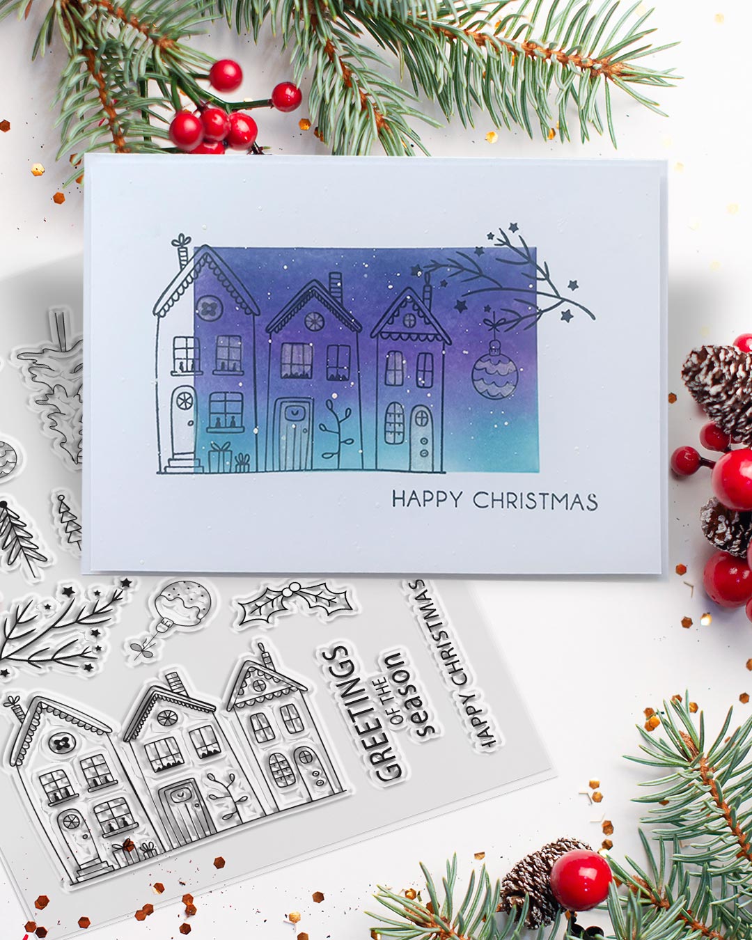 Cozy Christmas Holiday Scandi Houses - Clear Craft Stamp Set
